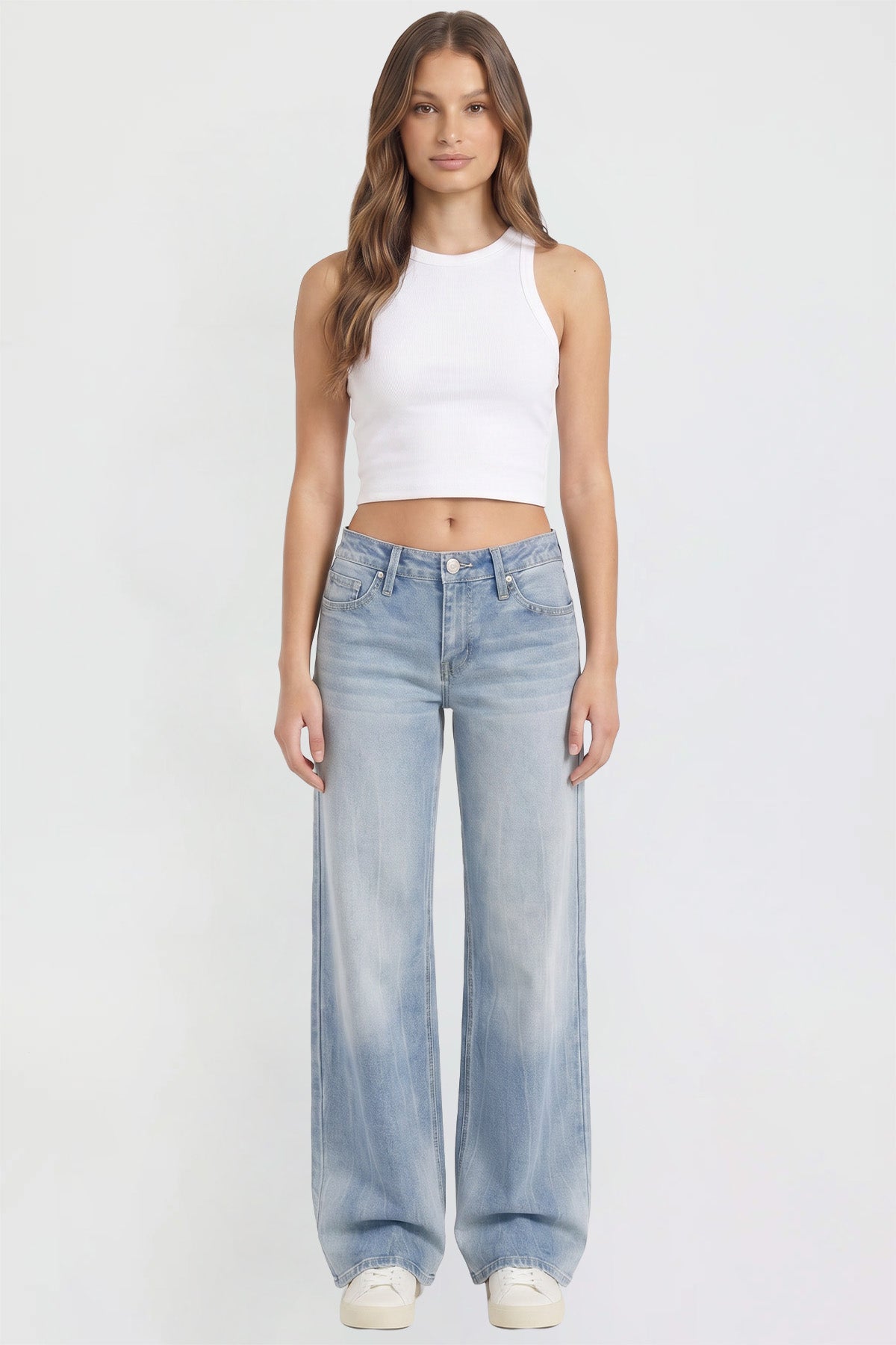 Ymi Women's Britney Buttefly Pocket Wide Leg Jeans in L Light Blue (bottom)