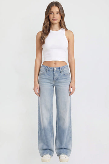 Ymi Women's Britney Buttefly Pocket Wide Leg Jeans in L Light Blue (bottom)