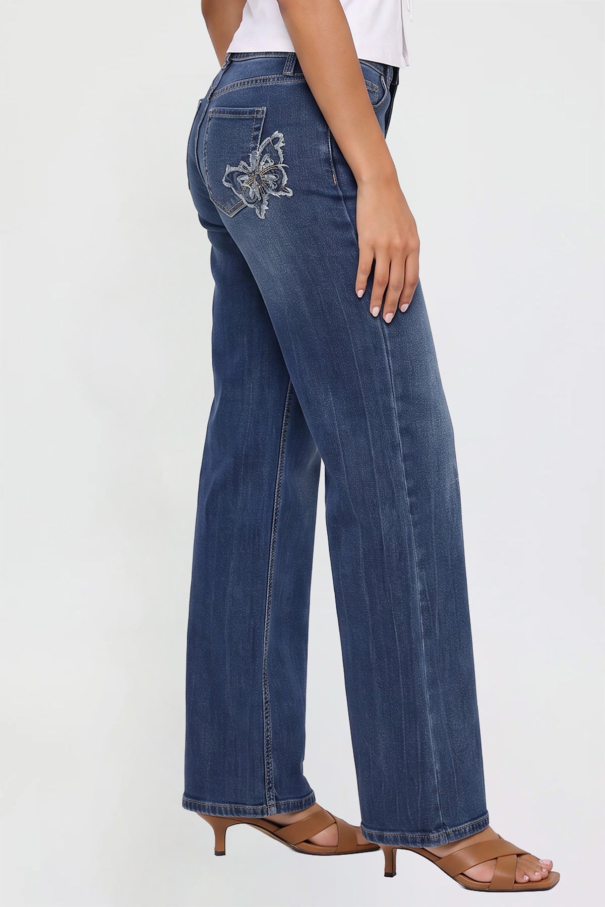 Ymi Women's Britney Buttefly Pocket Wide Leg Jeans in S Midnight Sky Blue view 10 (bottom)