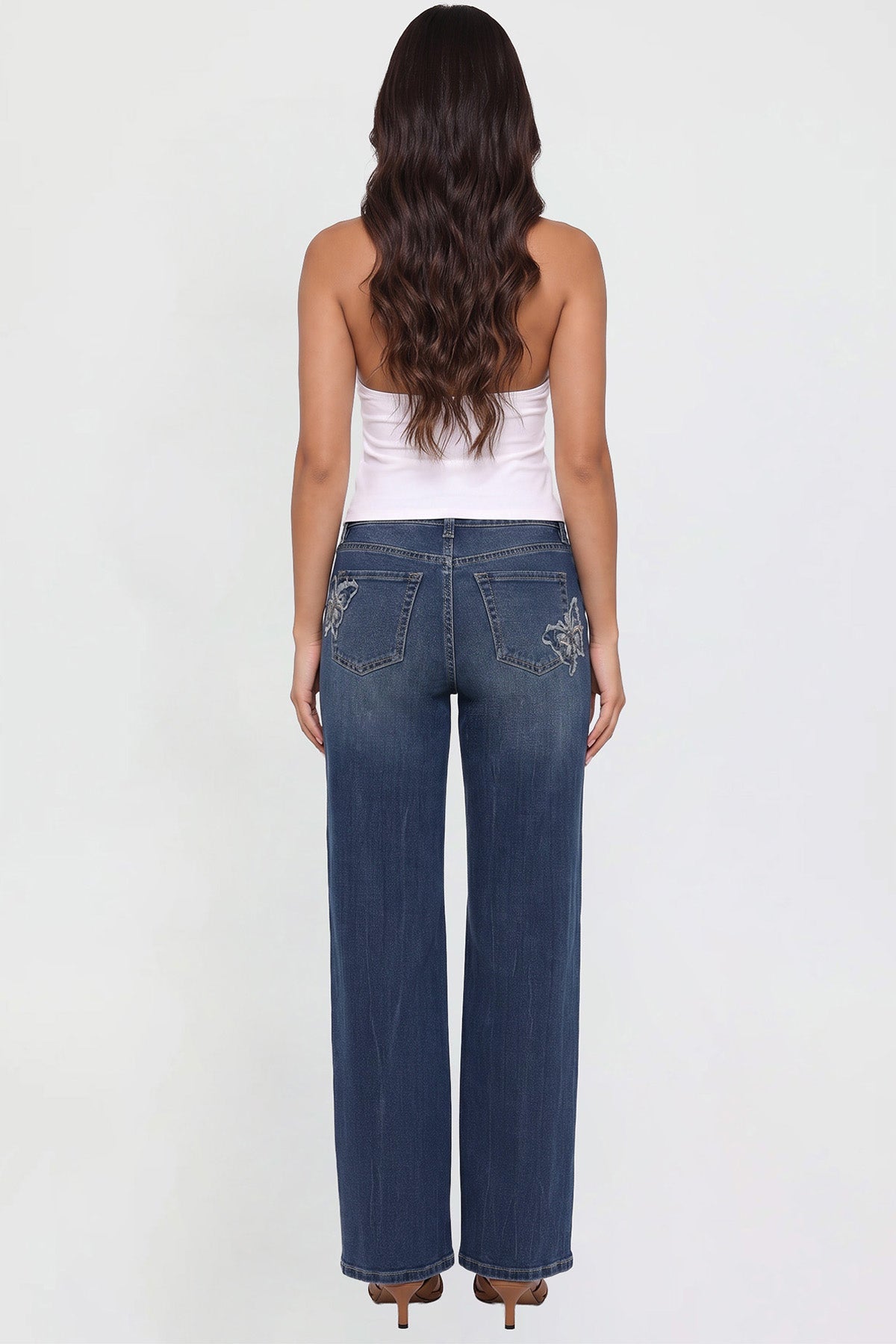 Ymi Women's Britney Buttefly Pocket Wide Leg Jeans in S Midnight Sky Blue view 12 (bottom)