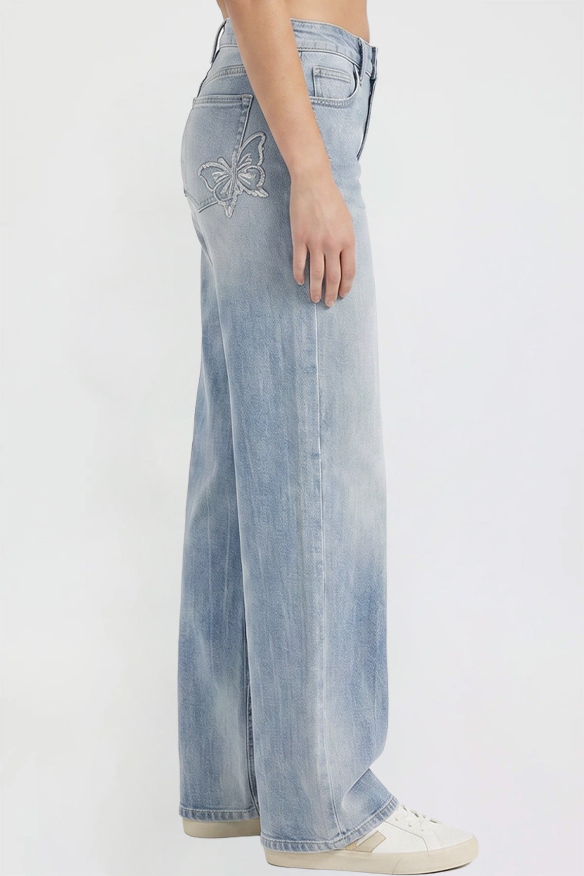 Ymi Women's Britney Buttefly Pocket Wide Leg Jeans in L Light Blue view 3 (bottom)