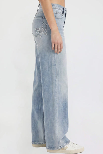 Ymi Women's Britney Buttefly Pocket Wide Leg Jeans in L Light Blue view 3 (bottom)