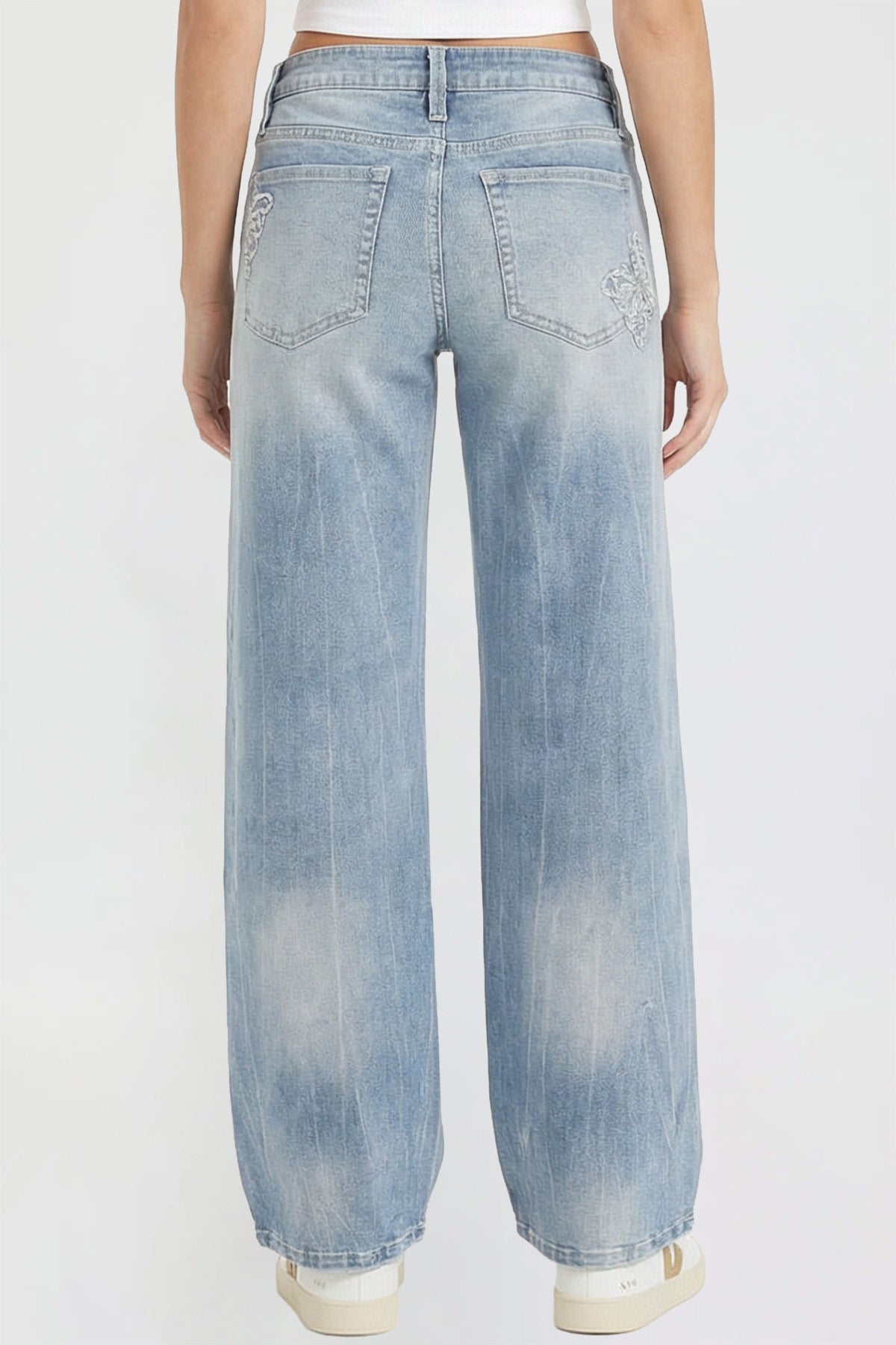 Ymi Women's Britney Buttefly Pocket Wide Leg Jeans in L Light Blue view 4 (bottom)