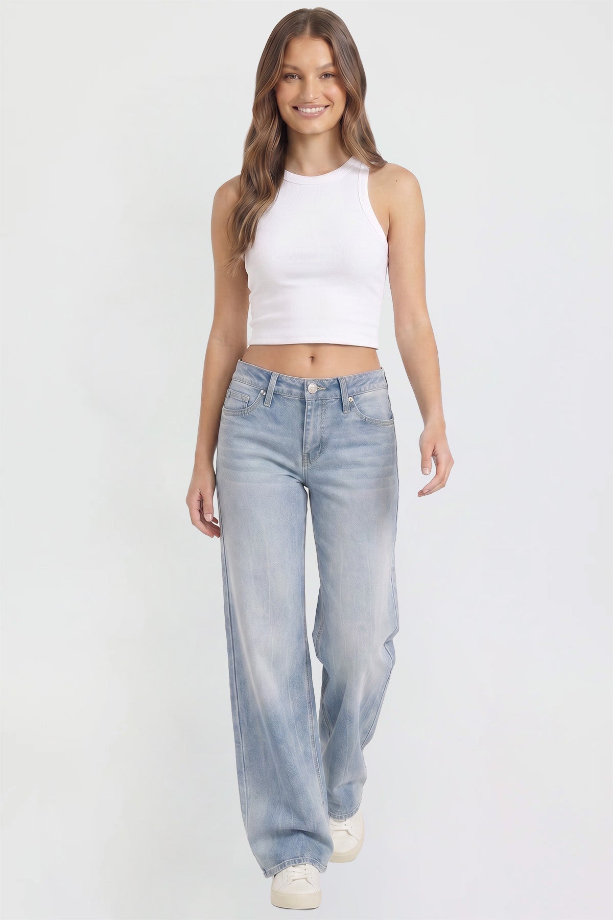 Ymi Women's Britney Buttefly Pocket Wide Leg Jeans in L Light Blue view 5 (bottom)