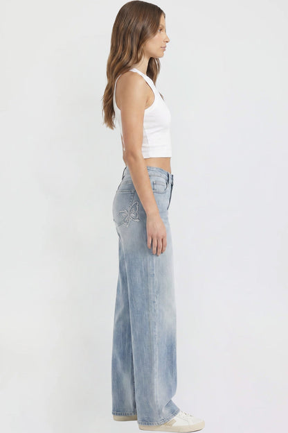 Ymi Women's Britney Buttefly Pocket Wide Leg Jeans in L Light Blue view 6 (bottom)