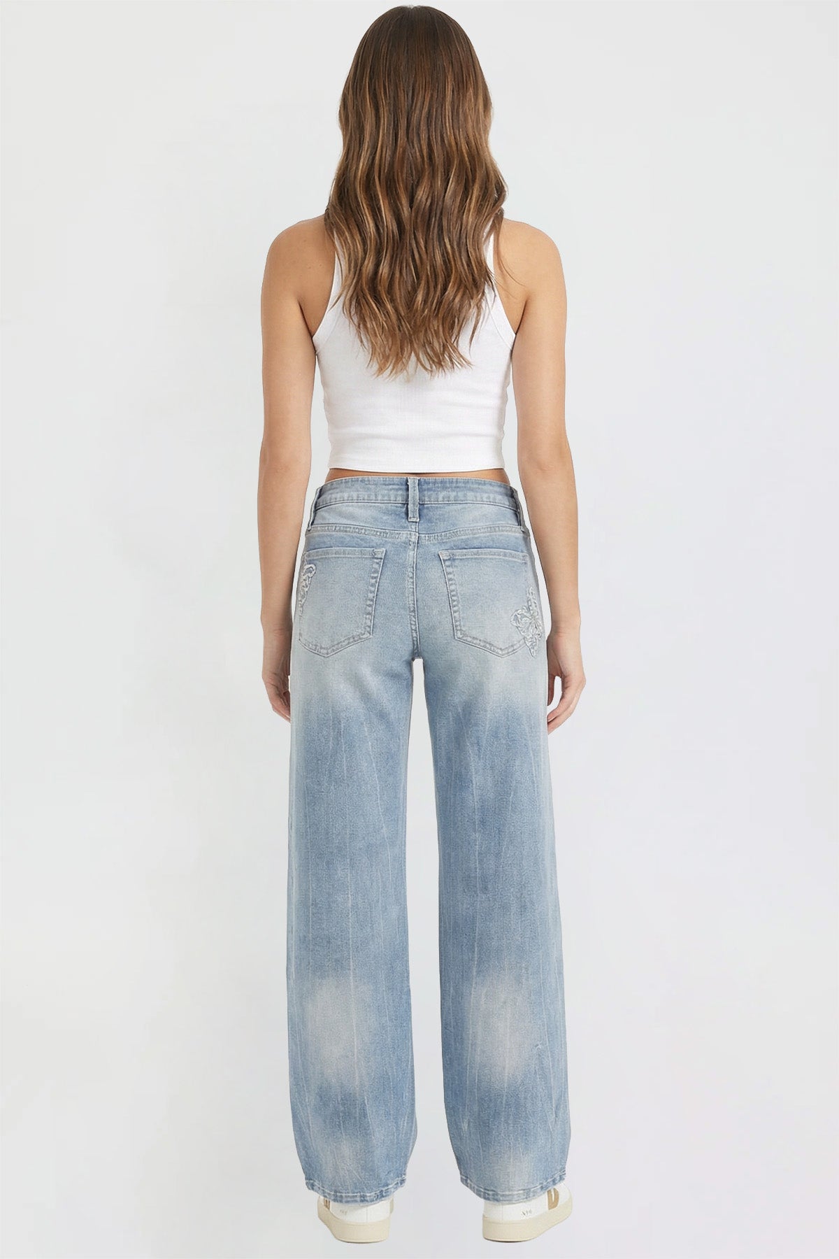Ymi Women's Britney Buttefly Pocket Wide Leg Jeans in L Light Blue view 7 (bottom)