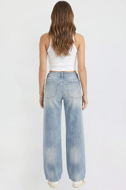 Ymi Women's Britney Buttefly Pocket Wide Leg Jeans in L Light Blue view 7 (bottom)