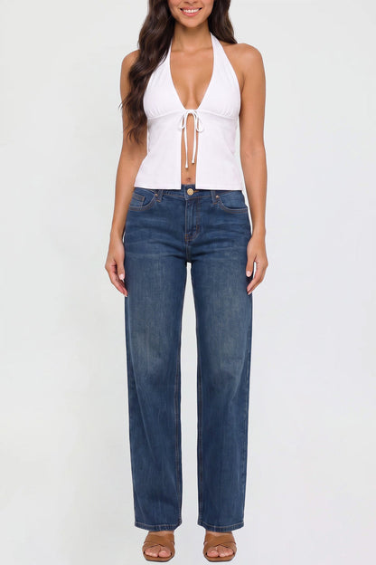 Ymi Women's Britney Buttefly Pocket Wide Leg Jeans in S Midnight Sky Blue view 8 (bottom)