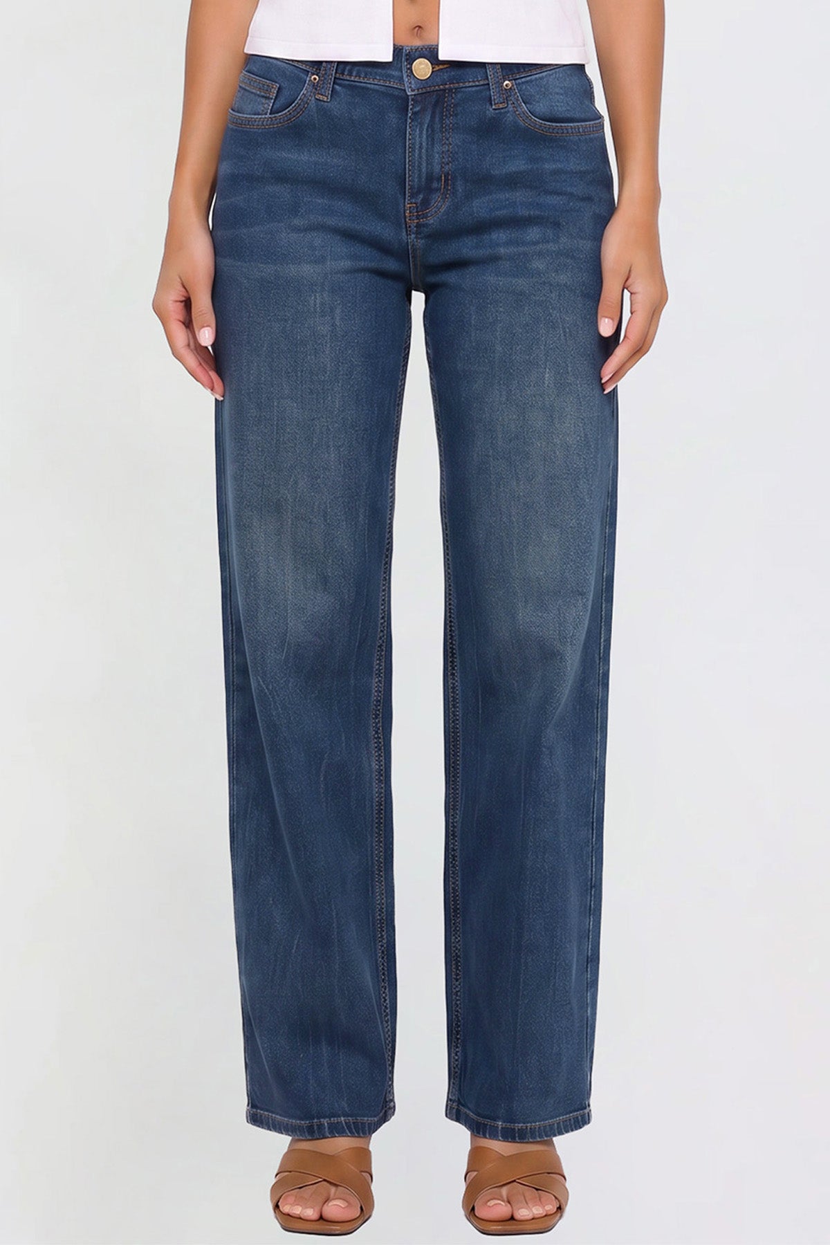 Ymi Women's Britney Buttefly Pocket Wide Leg Jeans in S Midnight Sky Blue view 9 (bottom)