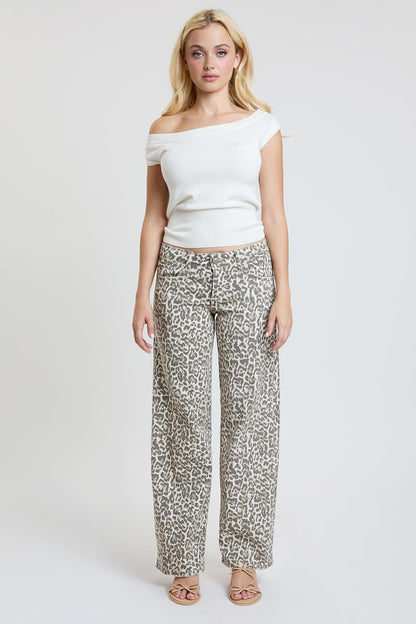Ymi Women's Britney Leopard Wide Leg Jeans in Light Leopard (bottom)
