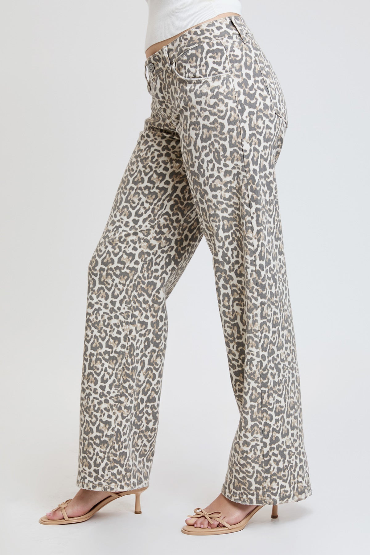 Ymi Women's Britney Leopard Wide Leg Jeans in Light Leopard view 3 (bottom)