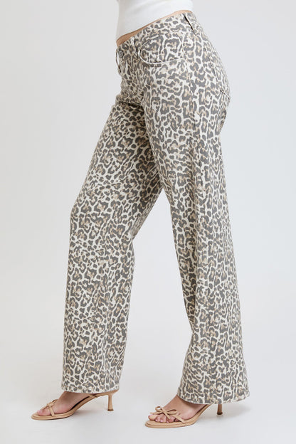 Ymi Women's Britney Leopard Wide Leg Jeans in Light Leopard view 3 (bottom)