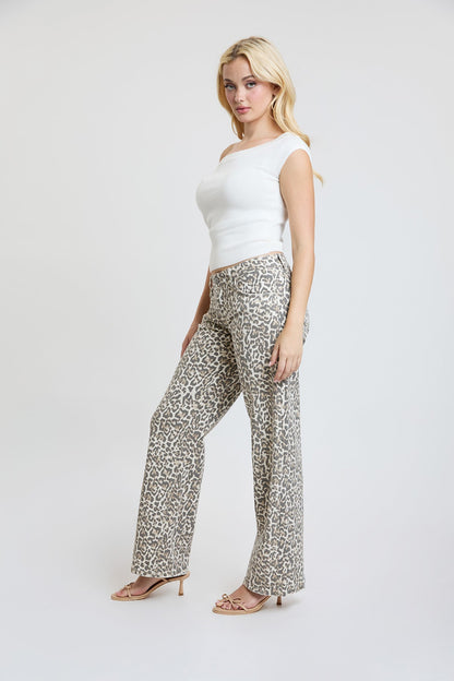 Ymi Women's Britney Leopard Wide Leg Jeans in Light Leopard view 4 (bottom)