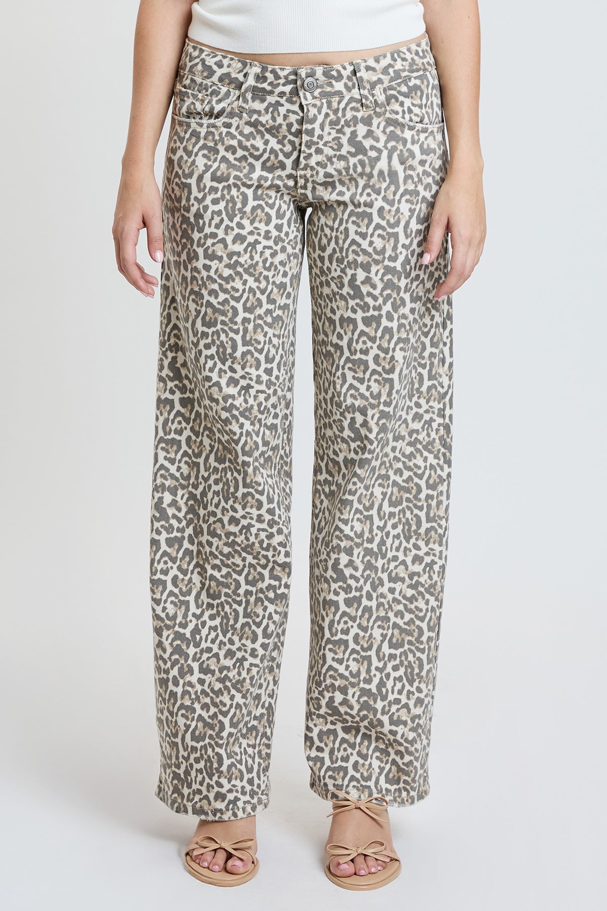 Ymi Women's Britney Leopard Wide Leg Jeans in Light Leopard view 6 (bottom)