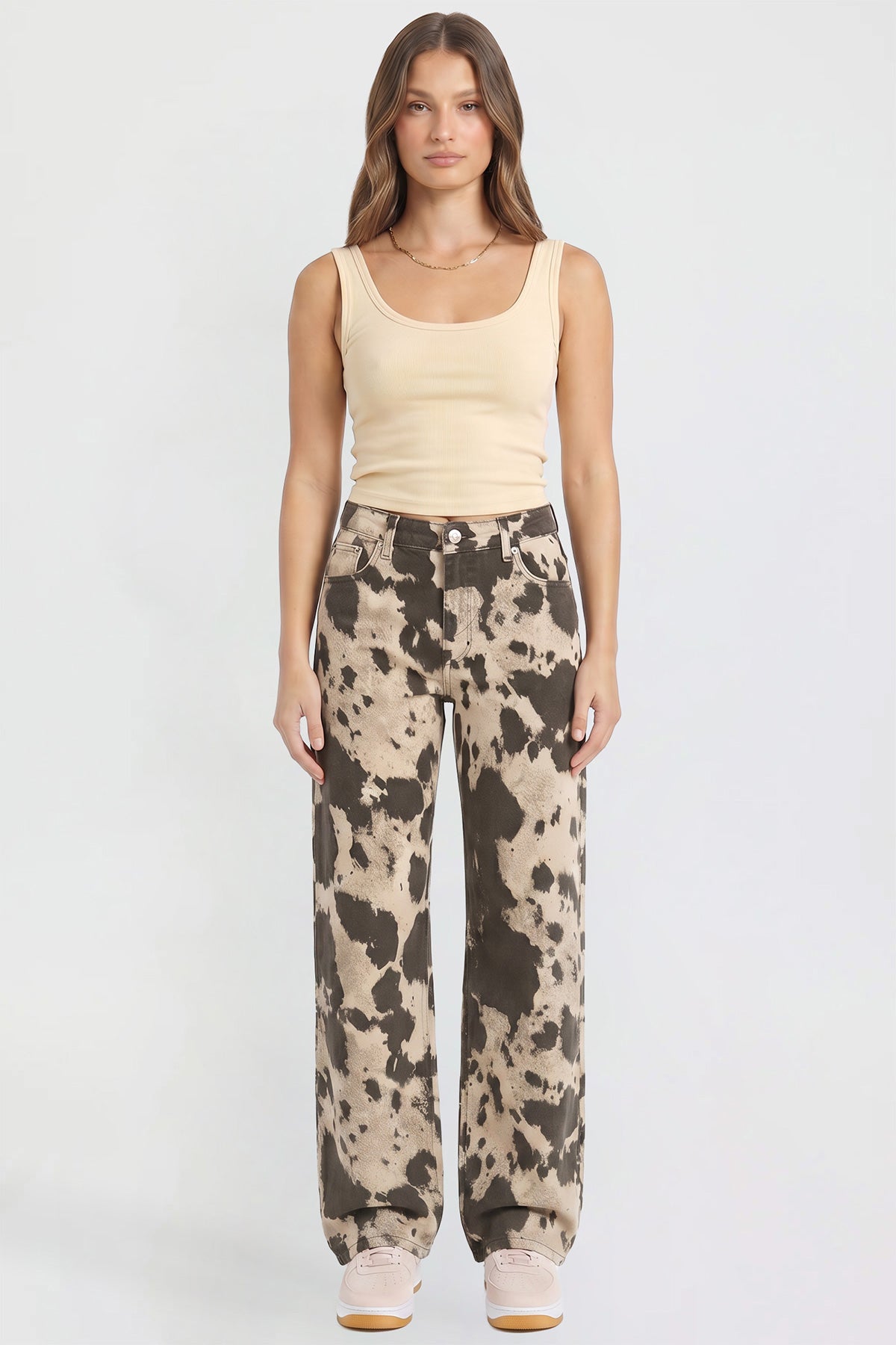 Ymi Women's Britney Printed Wide Leg Jeans in Abstract Cattle (bottom)