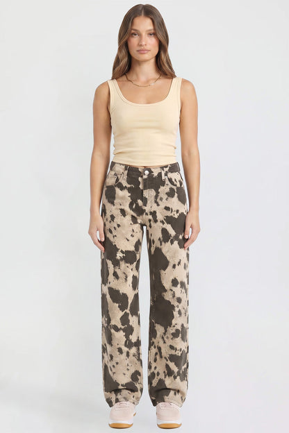 Ymi Women's Britney Printed Wide Leg Jeans in Abstract Cattle (bottom)