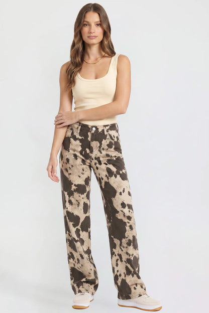 Ymi Women's Britney Printed Wide Leg Jeans in Abstract Cattle view 7 (bottom)