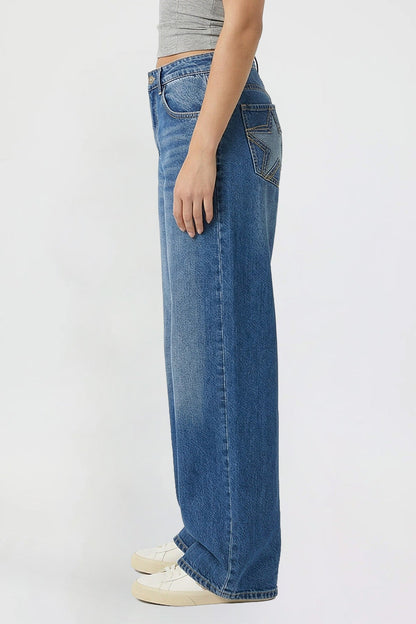 Ymi Women's Britney Star Pocket Wide Leg Jeans in S Midnight Sky Blue view 10 (bottom)