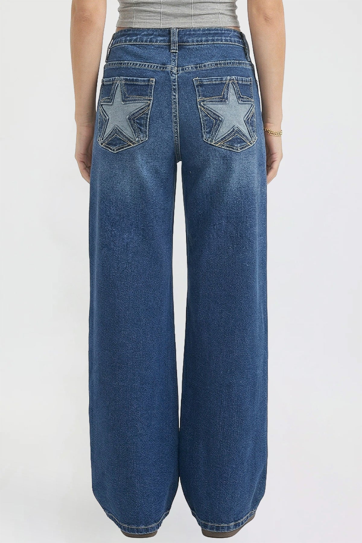 Ymi Women's Britney Star Pocket Wide Leg Jeans in S Midnight Sky Blue view 11 (bottom)