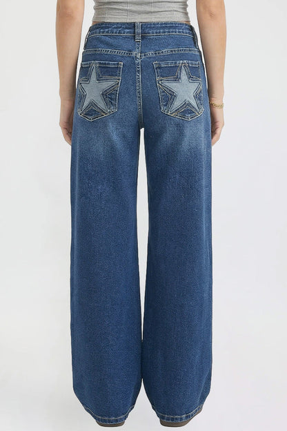 Ymi Women's Britney Star Pocket Wide Leg Jeans in S Midnight Sky Blue view 11 (bottom)