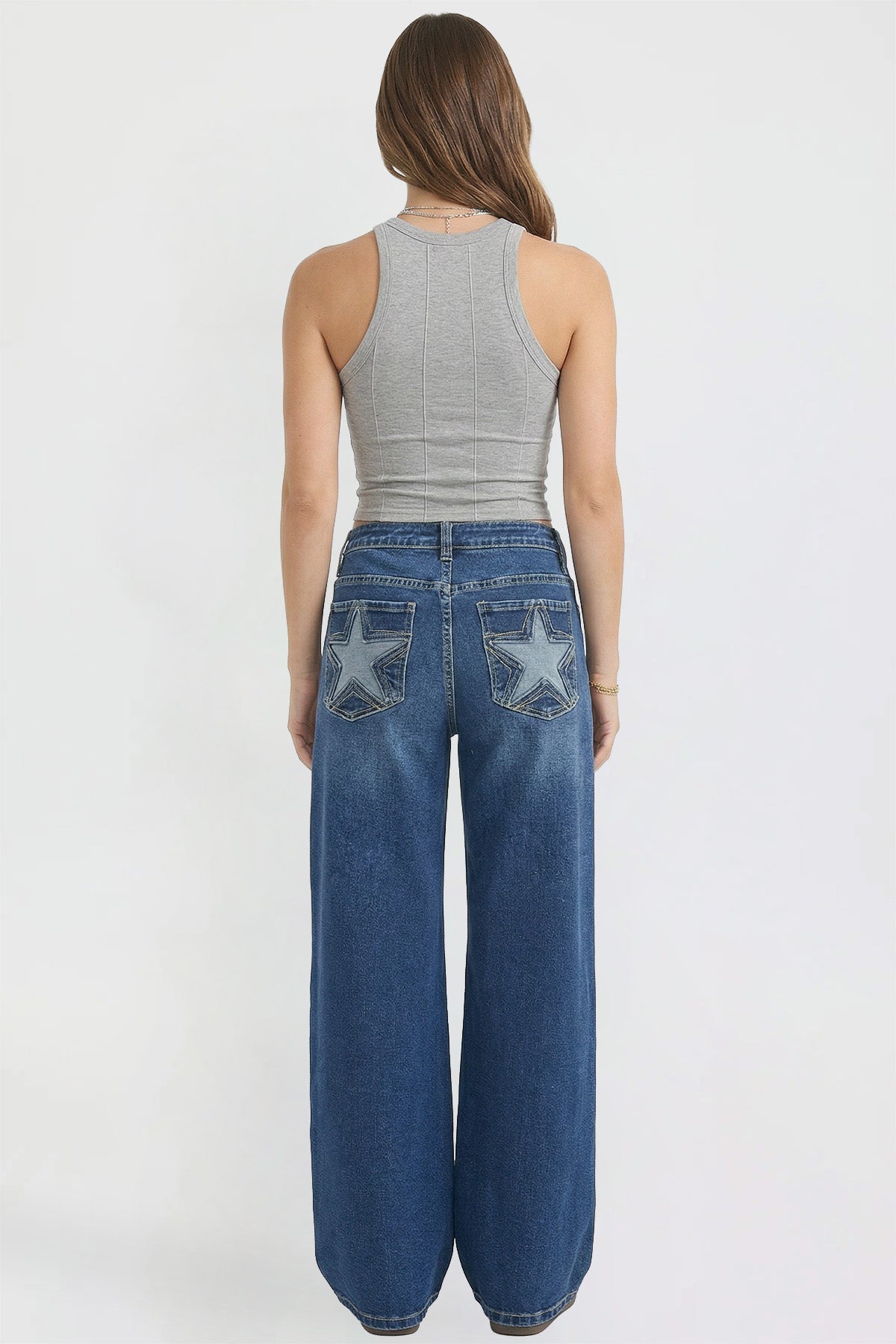 Ymi Women's Britney Star Pocket Wide Leg Jeans in S Midnight Sky Blue view 12 (bottom)