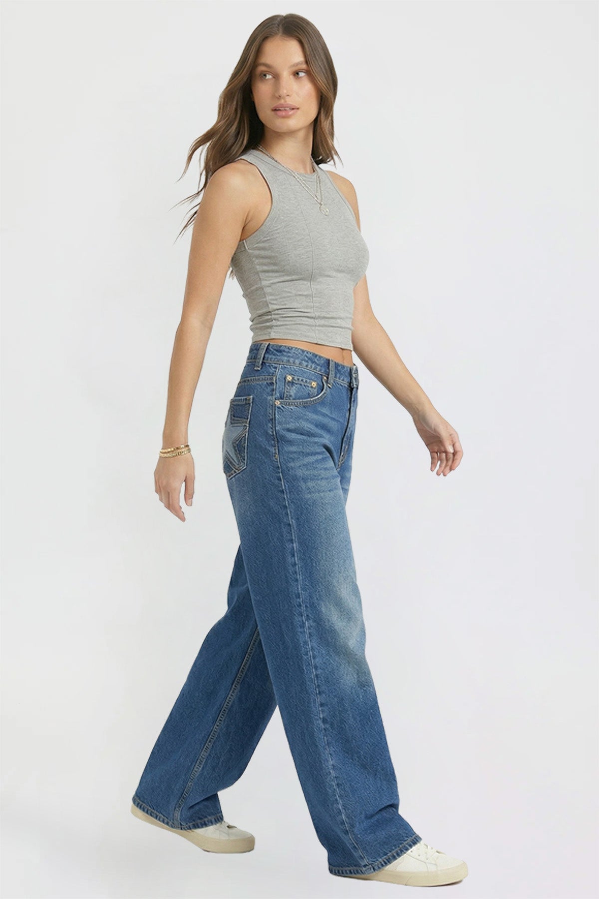 Ymi Women's Britney Star Pocket Wide Leg Jeans in S Midnight Sky Blue view 14 (bottom)