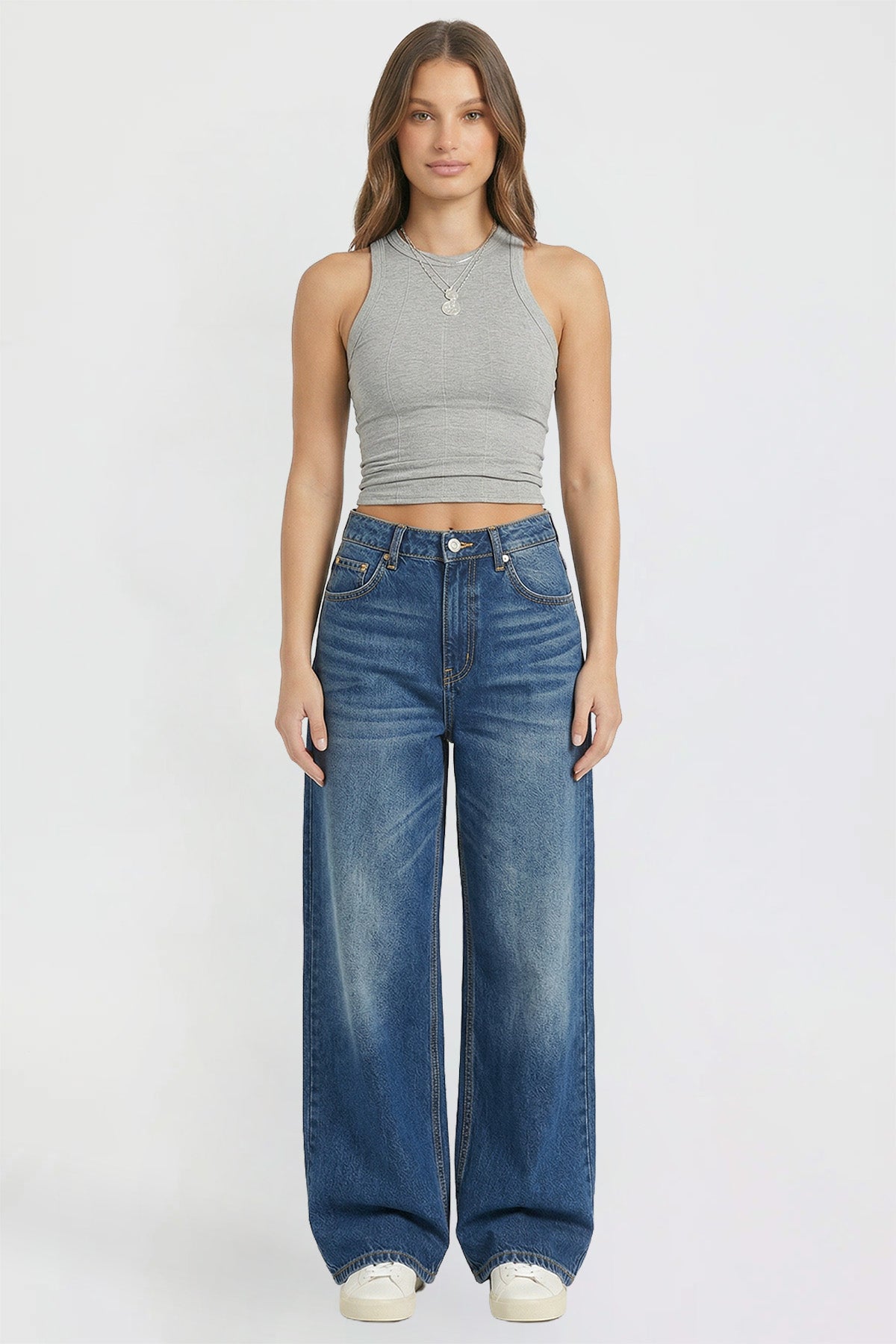Ymi Women's Britney Star Pocket Wide Leg Jeans in S Midnight Sky Blue view 8 (bottom)