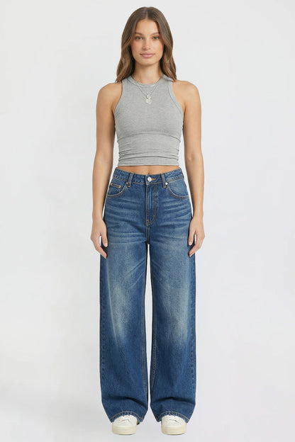 Ymi Women's Britney Star Pocket Wide Leg Jeans in S Midnight Sky Blue view 8 (bottom)