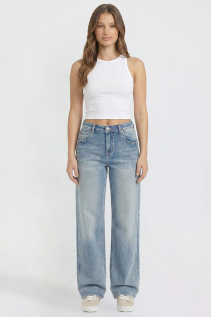 Ymi Women's Britney Star Pocket Wide Leg Jeans in Y Washed Blue (bottom)