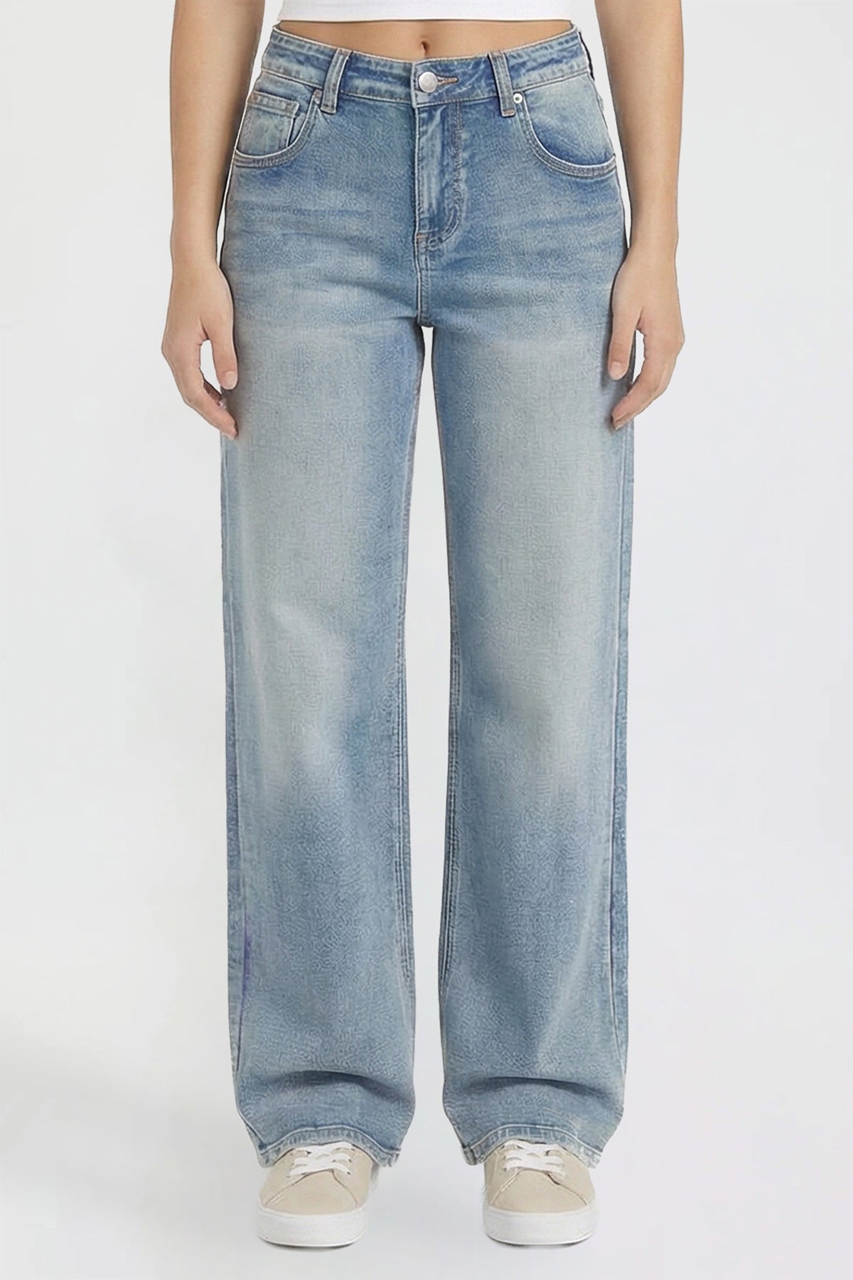 Ymi Women's Britney Star Pocket Wide Leg Jeans in Y Washed Blue view 2 (bottom)