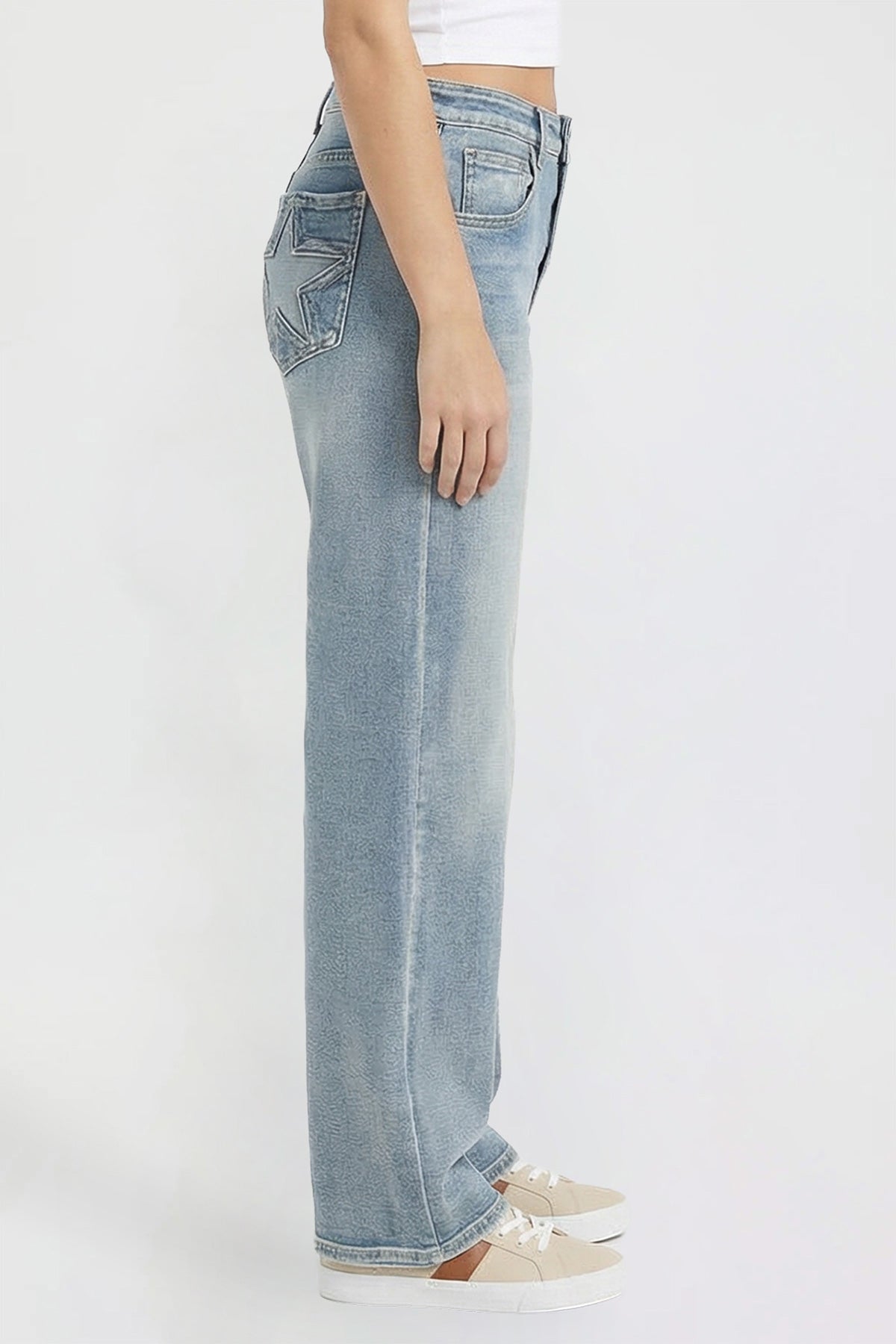 Ymi Women's Britney Star Pocket Wide Leg Jeans in Y Washed Blue view 3 (bottom)