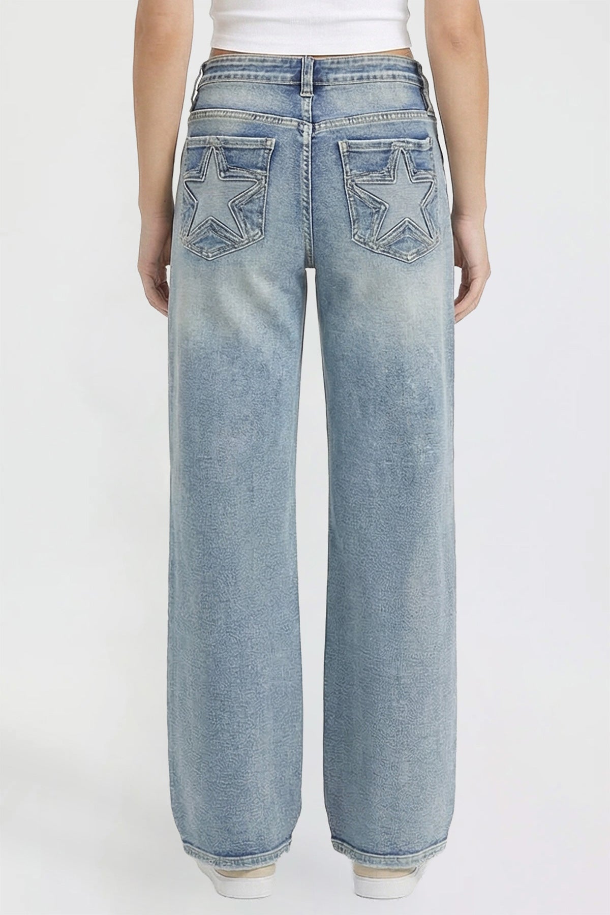 Ymi Women's Britney Star Pocket Wide Leg Jeans in Y Washed Blue view 4 (bottom)