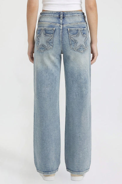 Ymi Women's Britney Star Pocket Wide Leg Jeans in Y Washed Blue view 4 (bottom)