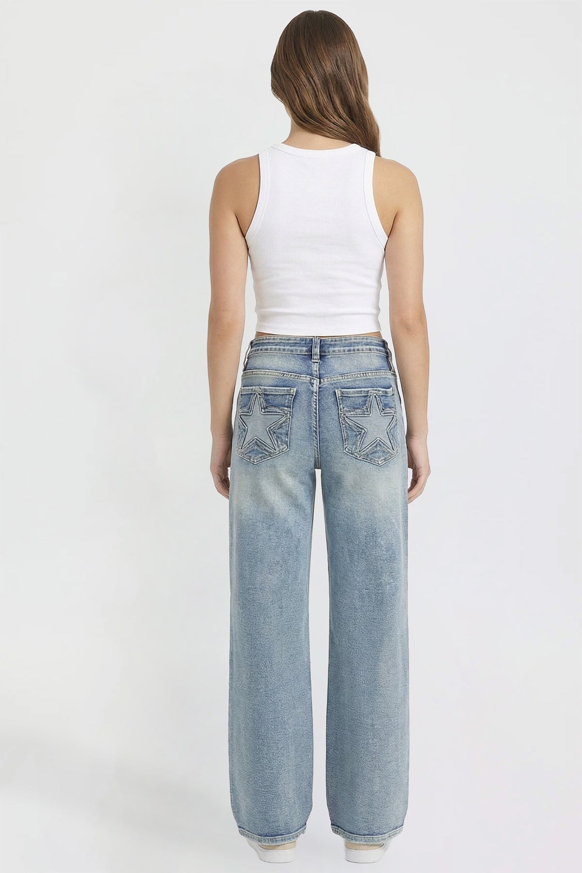 Ymi Women's Britney Star Pocket Wide Leg Jeans in Y Washed Blue view 5 (bottom)