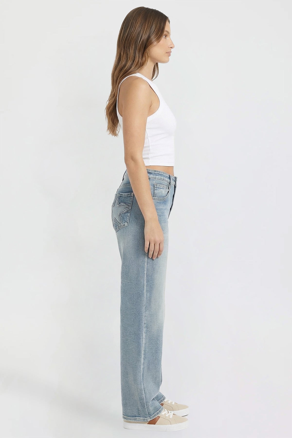 Ymi Women's Britney Star Pocket Wide Leg Jeans in Y Washed Blue view 6 (bottom)