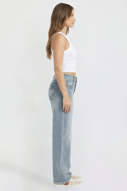 Ymi Women's Britney Star Pocket Wide Leg Jeans in Y Washed Blue view 6 (bottom)