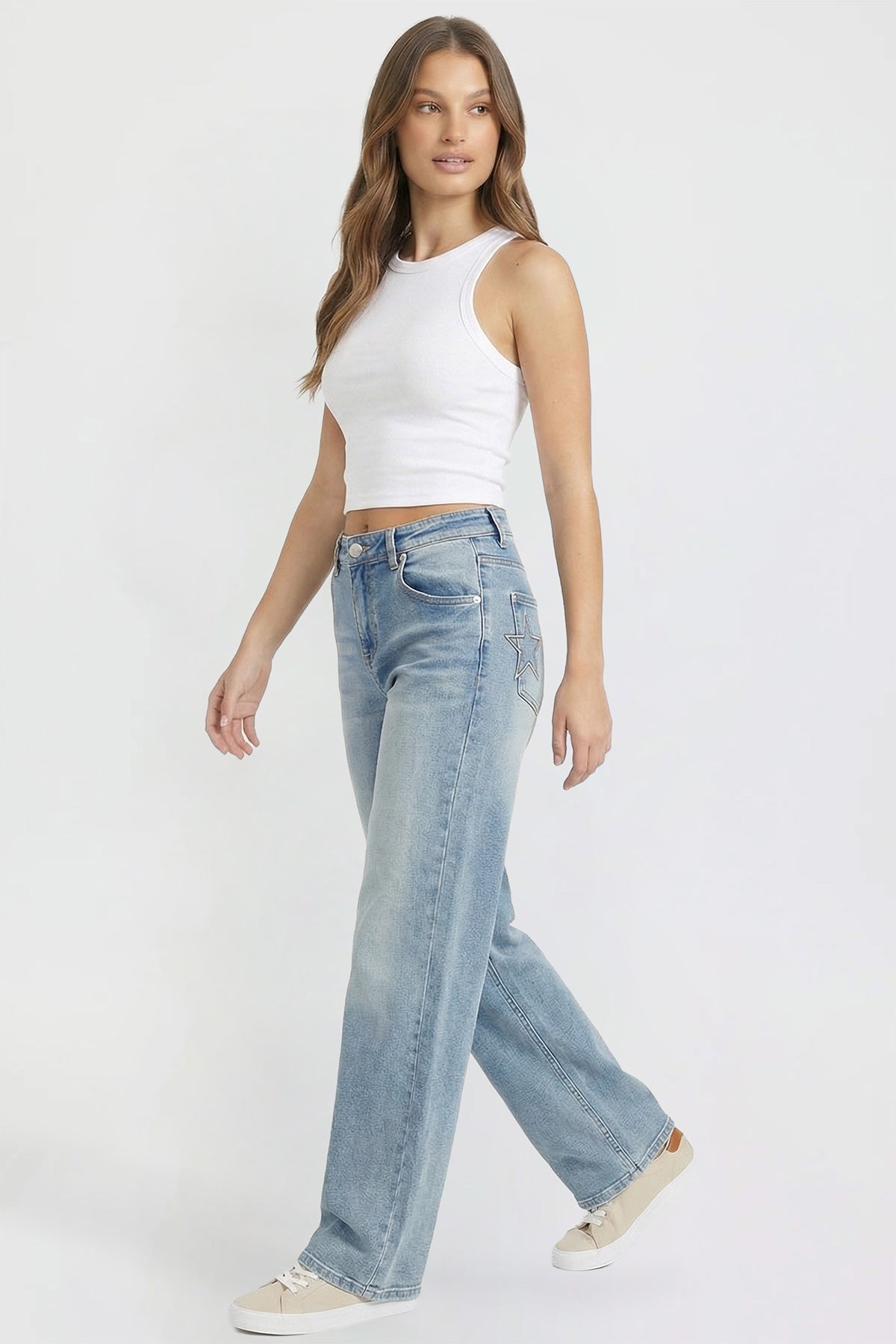 Ymi Women's Britney Star Pocket Wide Leg Jeans in Y Washed Blue view 7 (bottom)