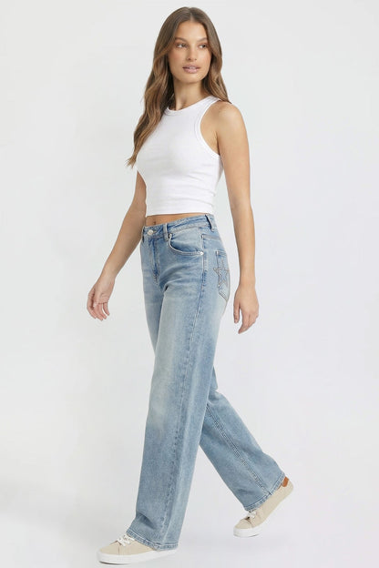Ymi Women's Britney Star Pocket Wide Leg Jeans in Y Washed Blue view 7 (bottom)