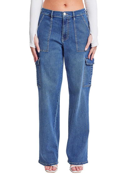 Ymi Women's Elastic Waist Straight Cargo Jean in C Sky Blue view 11 - Comfort Stretch - Ymi Womens Jeans (bottom)