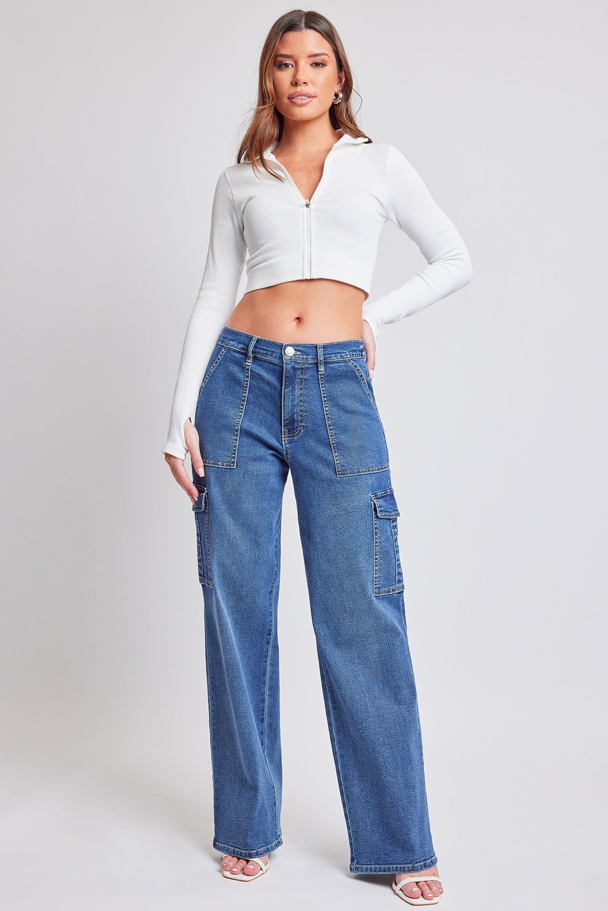 Ymi Women's Elastic Waist Straight Cargo Jean in N Indigo Blue view 8 - Comfort Stretch - Ymi Womens Jeans (bottom)