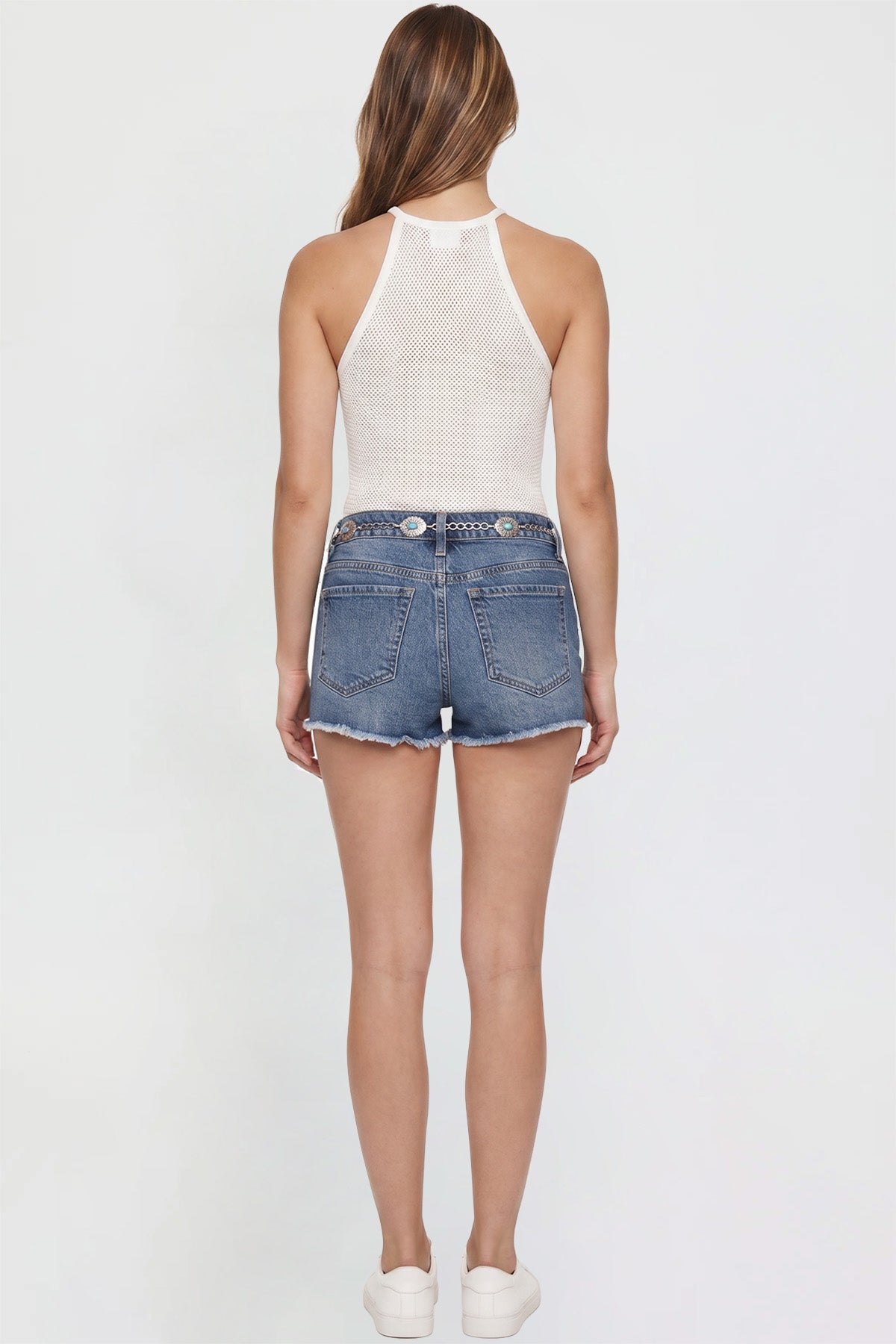 Ymi Women's Fray Hem Belted Shorts in M Medium Blue view 5 - Women'S Gray Shorts (bottom)