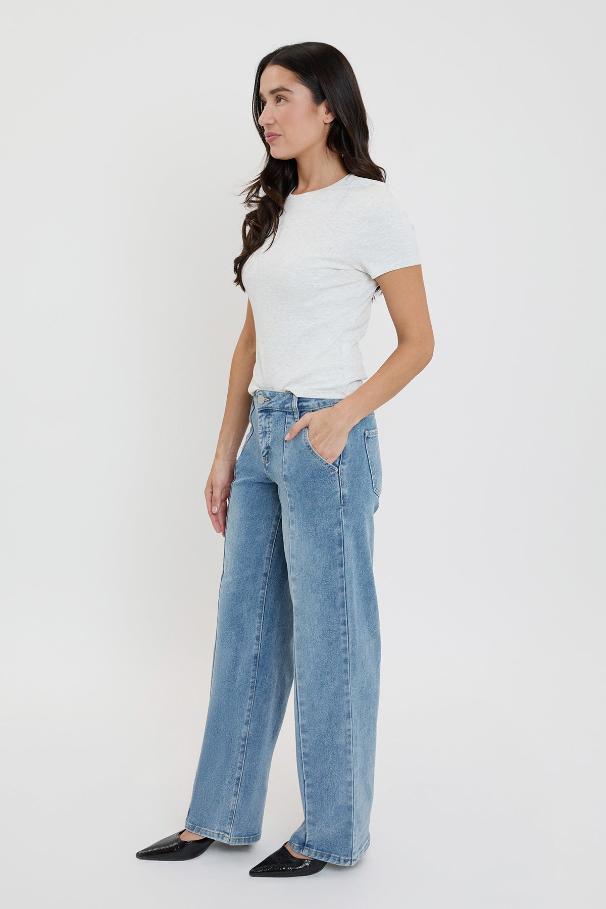 Ymi Women's Front Seam Wide Leg Jeans in C Sky Blue view 5 - Ymi Womens Pants (bottom)