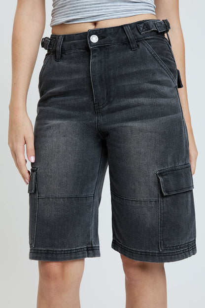 Ymi Women's High Rise Cargo Jort in CH Washed Black view 7 - High-Waisted (bottom)