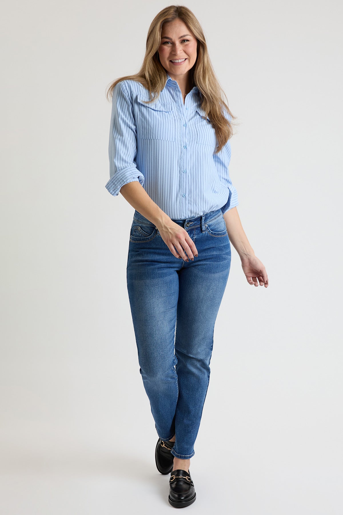 Ymi Women's High Rise Curve Confidence Straight Jeans in M Medium Blue view 10 - High-Waisted - Women High Jeans