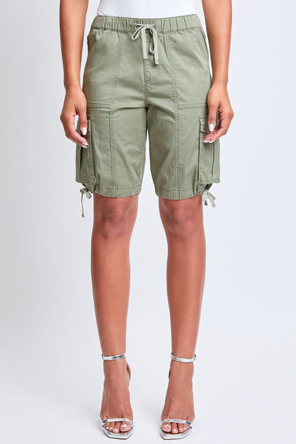 Ymi Women's High Rise Long Cargo Shorts in Green Tea view 2 - High-Waisted - Women'S Ymi Jean Shorts (bottom)