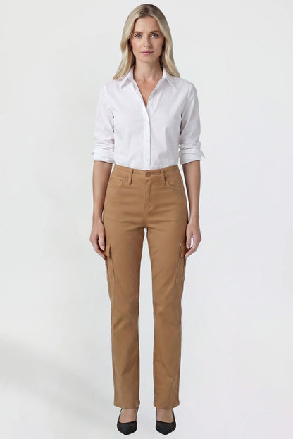 Ymi Women's Hyperstretch Straight Cargo Pants in Almond - Comfort Stretch (bottom)
