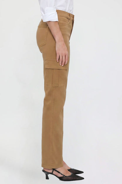 Ymi Women's Hyperstretch Straight Cargo Pants in Almond view 3 - Comfort Stretch (bottom)