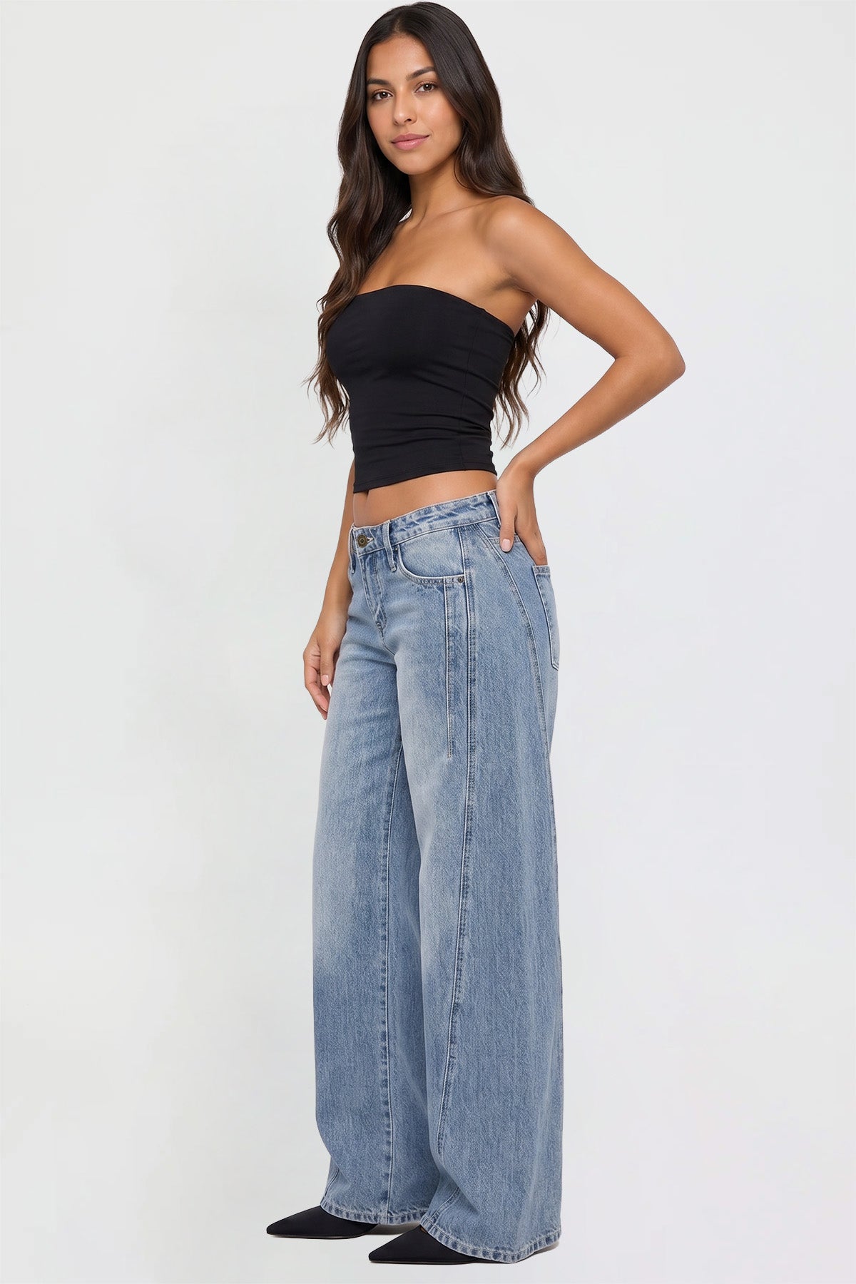Ymi Women's Joey Seamed Ultra Wide Leg Jeans in M Medium Blue view 12 - Women'S Joey Jeans (bottom)
