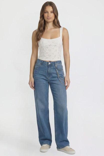 Ymi Women's Joey Super Wide Leg Jeans with Cross Chain in S Midnight Sky Blue - Women'S Joey Jeans (bottom)