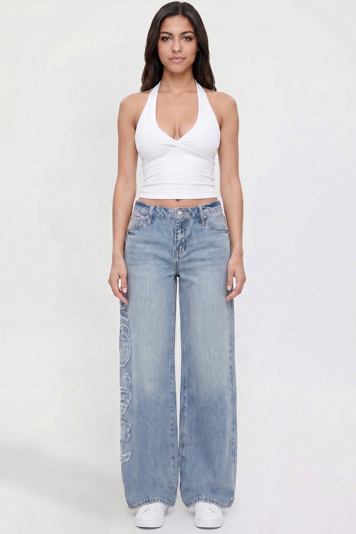 Ymi Women's Joey Super Wide Leg Jeans with Love Patch in M Medium Blue - Women'S Joey Jeans (bottom)